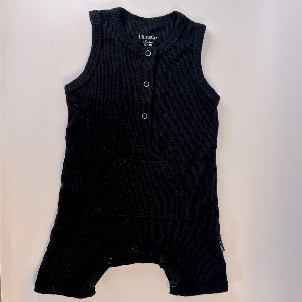 Little Bipsy Ribbed Solid Black Tank Short Romper with‎ Snaps Unisex 12-18M